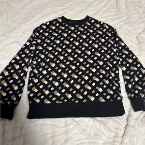 Boss Black Crewneck Sweater with White and Brown Geo Pattern